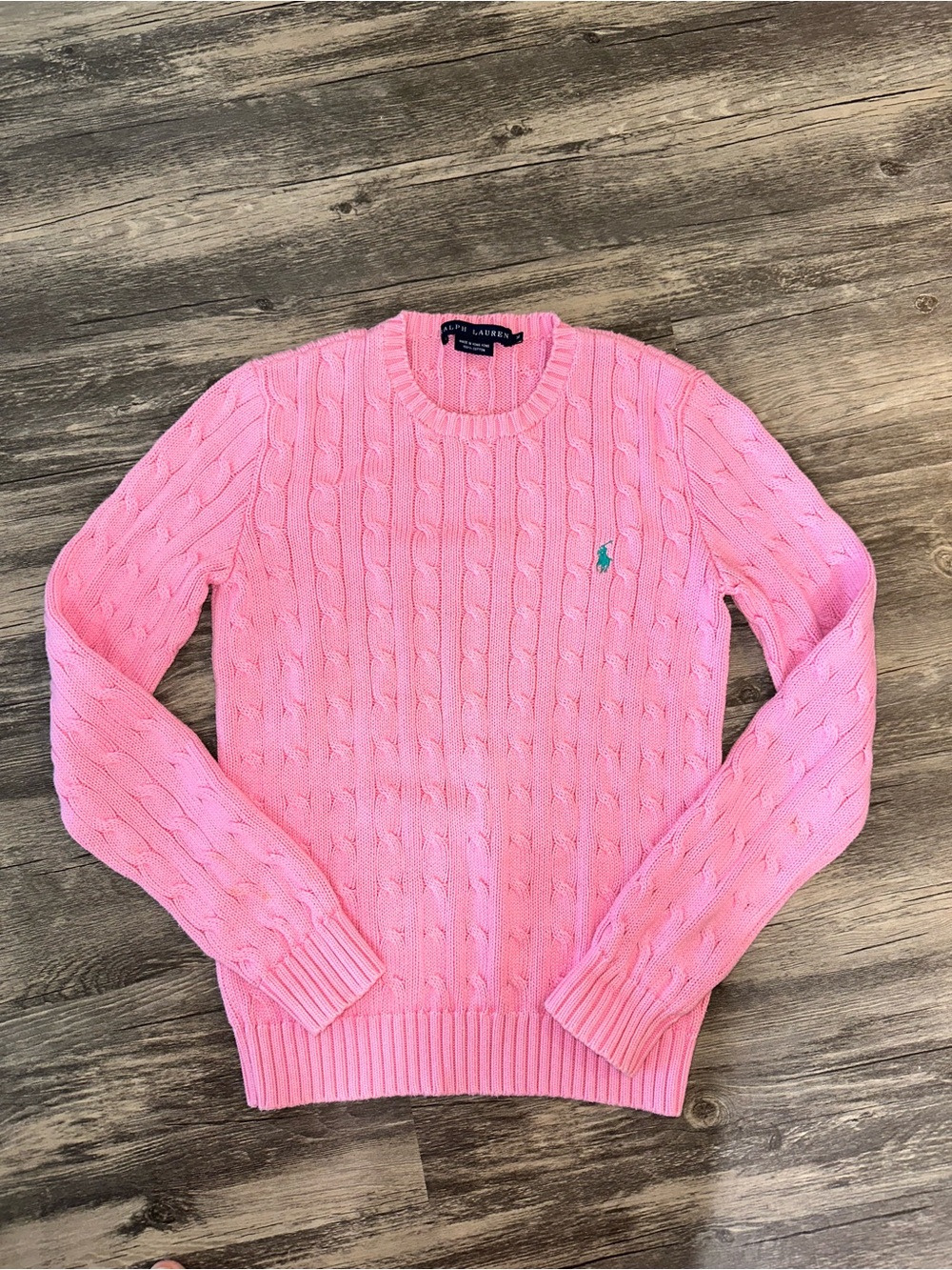 Ralph Lauren Women’s Medium Pink Cable Knit Cotton Sweater Crewneck Pony Logo
